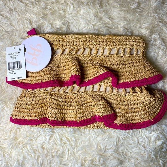 Joey Ruffle Raffia Clutch- BTB Los Angeles hot pink purse - Picture 1 of 7